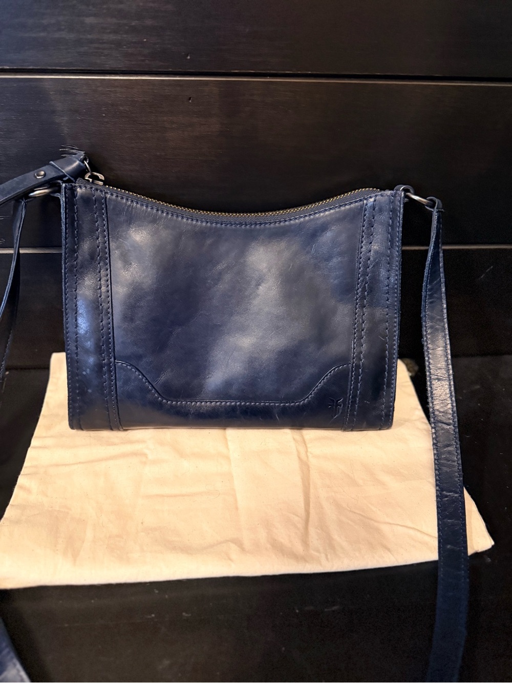 Frye Melissa zip Navy Leather Crossbody with Front Pocket